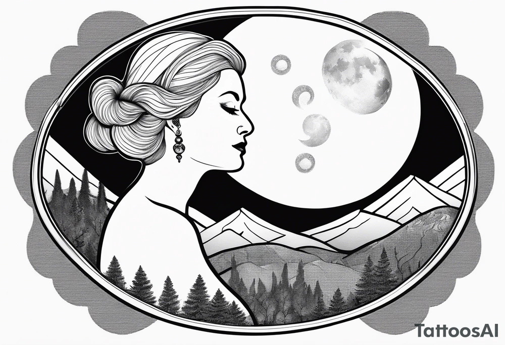 Older blonde fat woman no makeup surrounded by mushrooms mountains crescent moon background tattoo idea