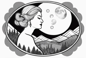 Older blonde fat woman no makeup surrounded by mushrooms mountains crescent moon background tattoo idea