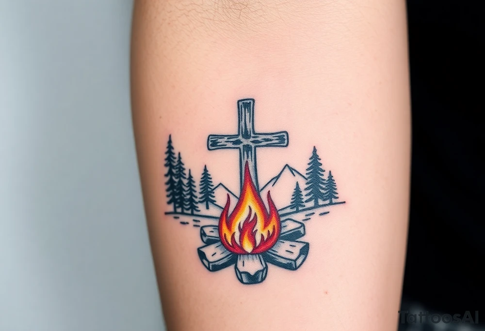 Campfire with cross include the great outdoors and night sky make sure cross doesn't look like it is on fire tattoo idea