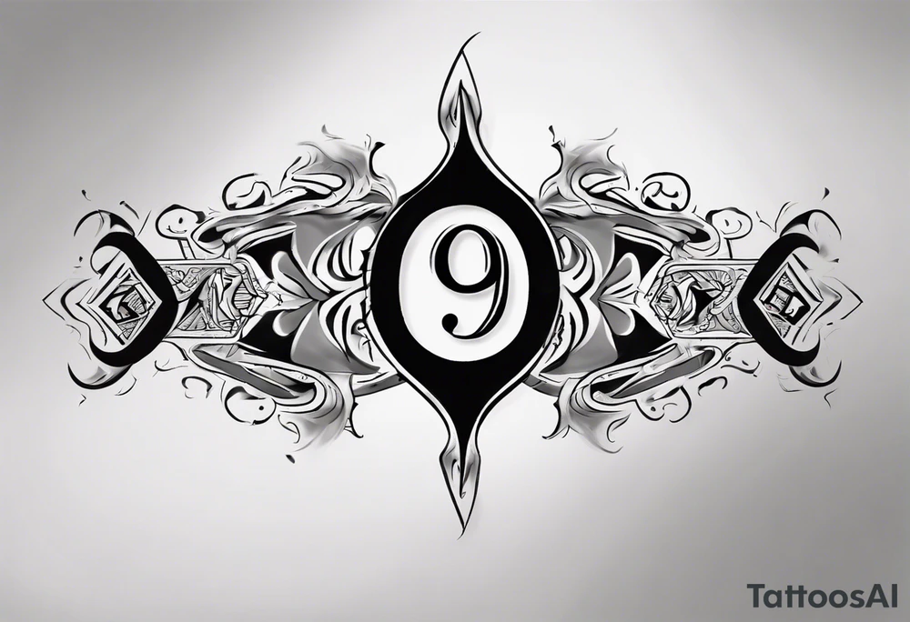 number 9 right side up and upside down connected tattoo black and grey on inside forearm 9:16 aspect ratio tattoo idea