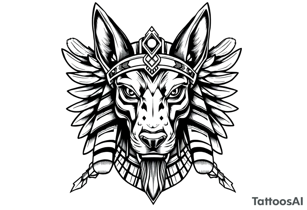 Egyptian Anubis god face muscle in Egypt style  with mantle on head with empty eyes 

dog face surrounded Egyptian symbols based on elements tattoo idea