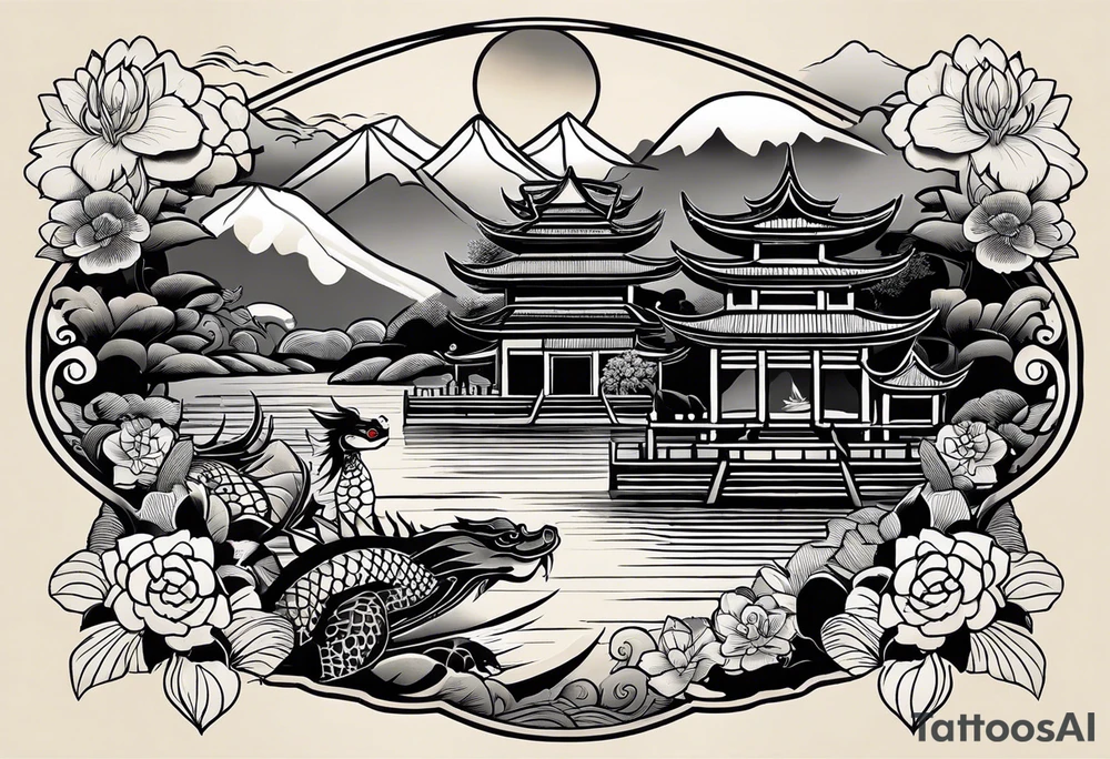 A black Vietnamese tattoo design featuring intricate depictions of sacred animals like the dragon and turtle intertwined with majestic mountains and lush rice fields. Incorporate iconic elements such as the conical straw hat floating above, surrounded by blooming lotus flowers and traditional silk lanterns. The tattoo reflects the essence of Vietnam's breathtaking nature, with swirling mist and flowing water elements woven into the composition, merging traditional artistry with a modern flair. Use a color palette that evokes the lush greens of the countryside and the warm tones of sunset. tattoo idea