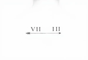 Minimalist fine-line tattoo, Roman numerals VII with a down arrow and VIII with an up arrow, clean typography, delicate, micro-tattoo style, sharp black ink, plain white background. tattoo idea