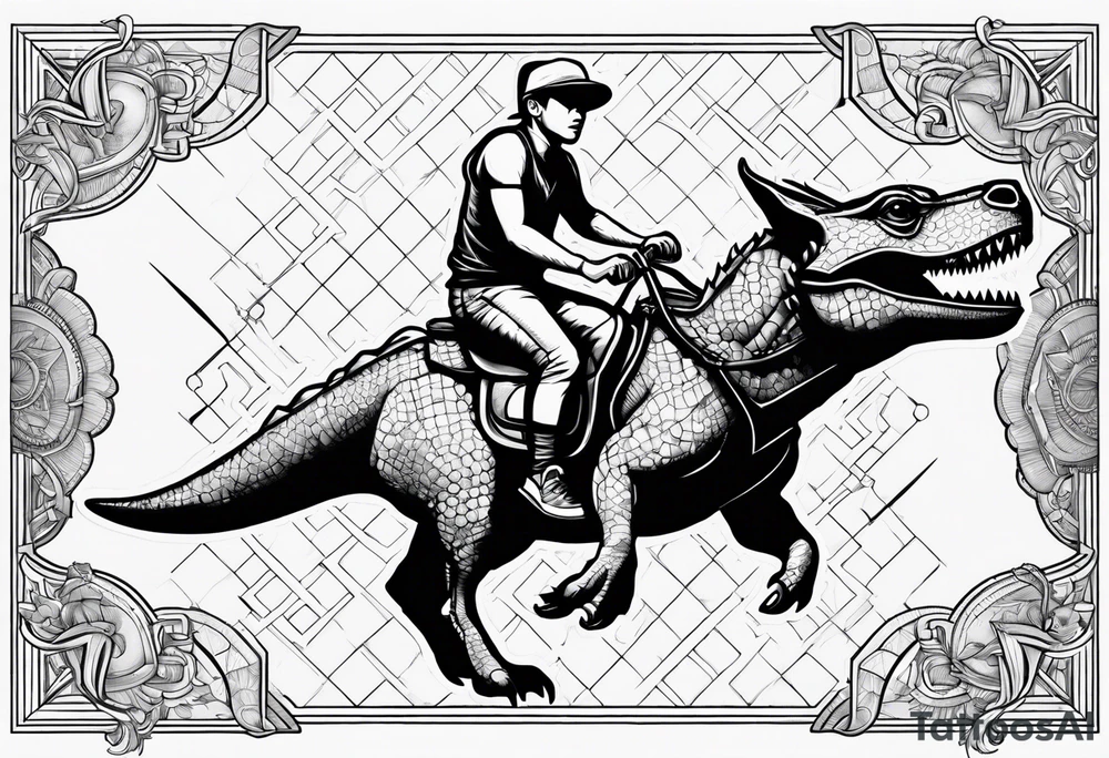 Frenchie riding dinosaur tattoo idea