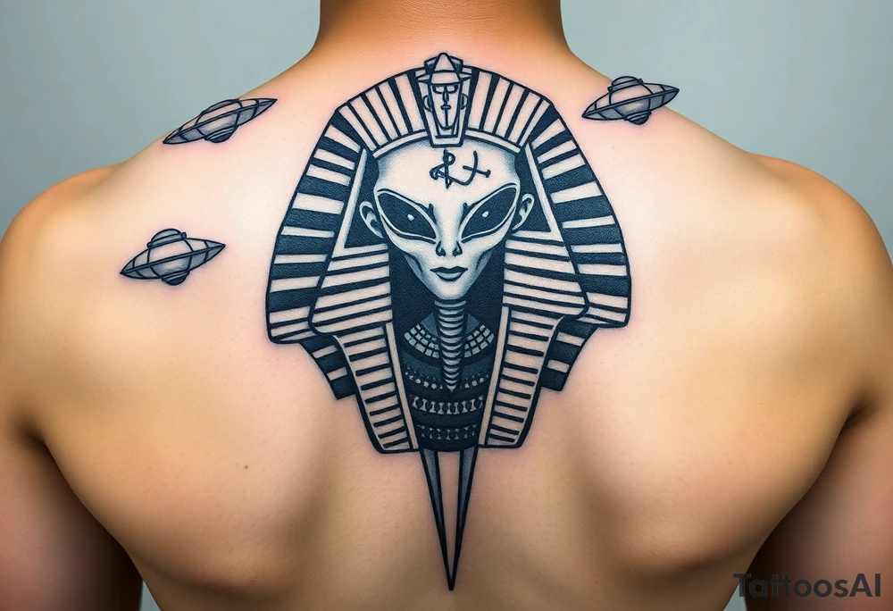 "Pharaoh's sarcophagus opening to reveal a grey alien. Floating UFOs are shaped Impalas (lowrider style).  

Style: Neo-traditional tattoo with glitch effects. Colors: turquoise/black/neon green." tattoo idea
