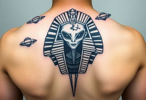 "Pharaoh's sarcophagus opening to reveal a grey alien. Floating UFOs are shaped Impalas (lowrider style).  

Style: Neo-traditional tattoo with glitch effects. Colors: turquoise/black/neon green." tattoo idea