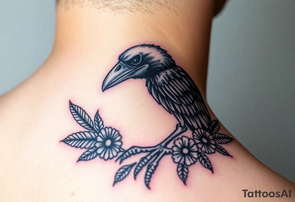 Raven skeleton with peackock feathers and ornaments around tattoo idea