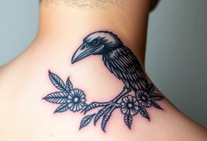 Raven skeleton with peackock feathers and ornaments around tattoo idea