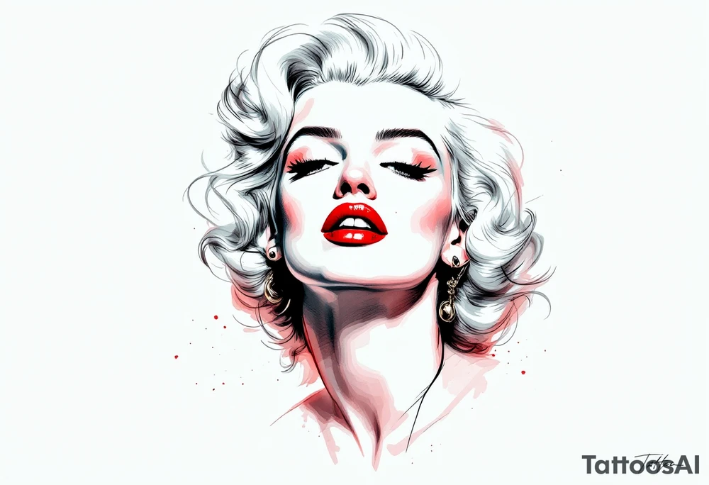 A vintage-style Marilyn in full color with platinum blonde hair, red lips, and a soft pastel background. tattoo idea