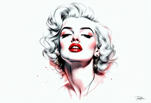 A vintage-style Marilyn in full color with platinum blonde hair, red lips, and a soft pastel background. tattoo idea