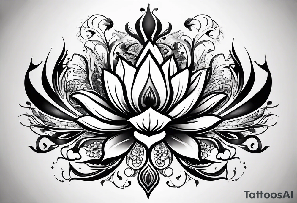 one vertical tattoo that combines lotus flower, phoenix and helix, strength and resilience symbols tattoo idea