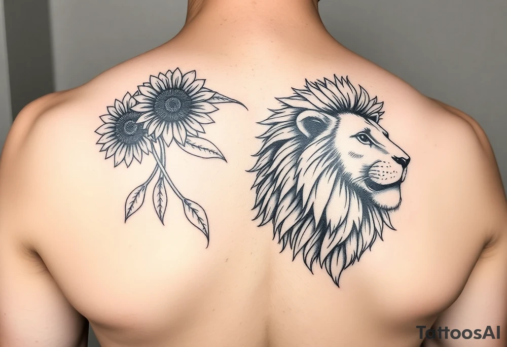 sunflower or multiple sunflowers and lion head profile tattoo idea