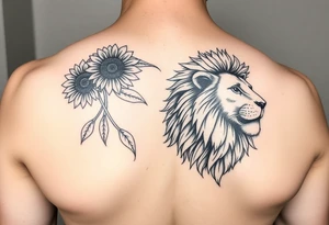 sunflower or multiple sunflowers and lion head profile tattoo idea