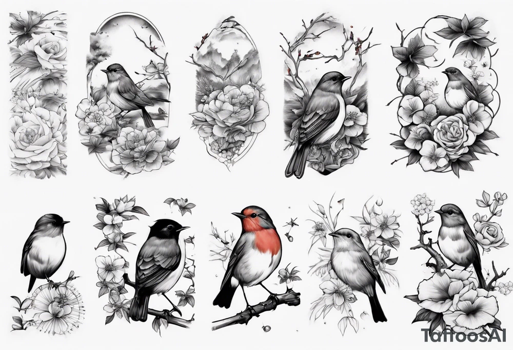 Nature Blooming, sleeve, robins, sleeve tattoo tattoo idea