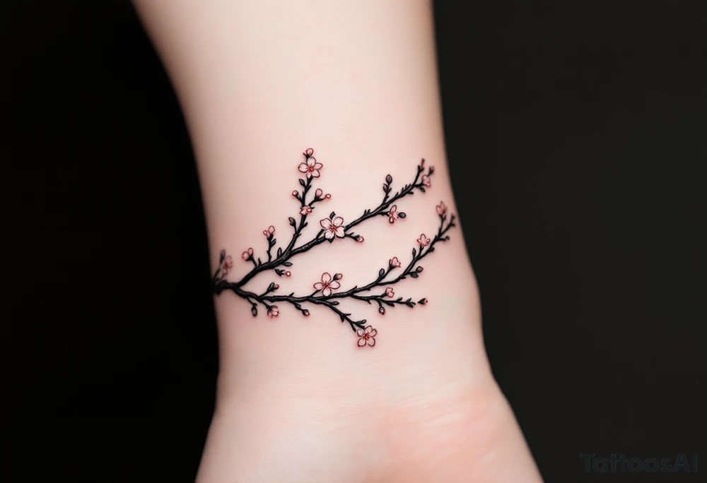Cherry Blossom Wrist Wrap – A vine-like tattoo wrapping around the wrist like a bracelet, with tiny blossoms in light pink, dusty rose, and soft white. tattoo idea