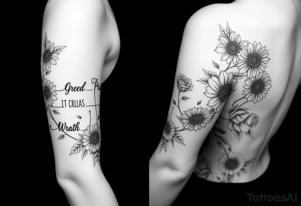 powerful sexy seven deadly sins with words greed, pride, gluttony, wrath, lust, sloth and envy, surrounded by sunflowers and roses tattoo idea