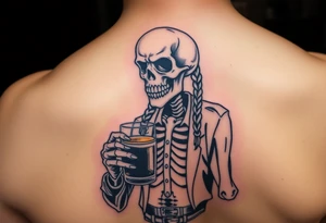 evil skeleton with braids in clothes getting drunk tattoo idea