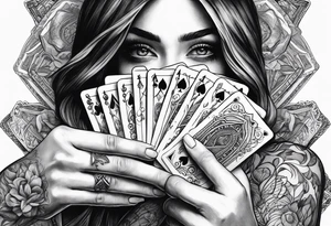 raised woman hand holding cards in front of her face, showing the cards to others tattoo idea