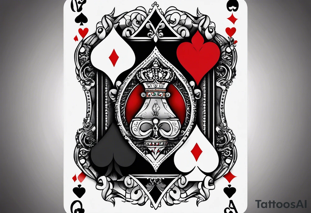 one playing card with both queen of hearts and king of spades incorporated in extreme minimalistic  style tattoo idea