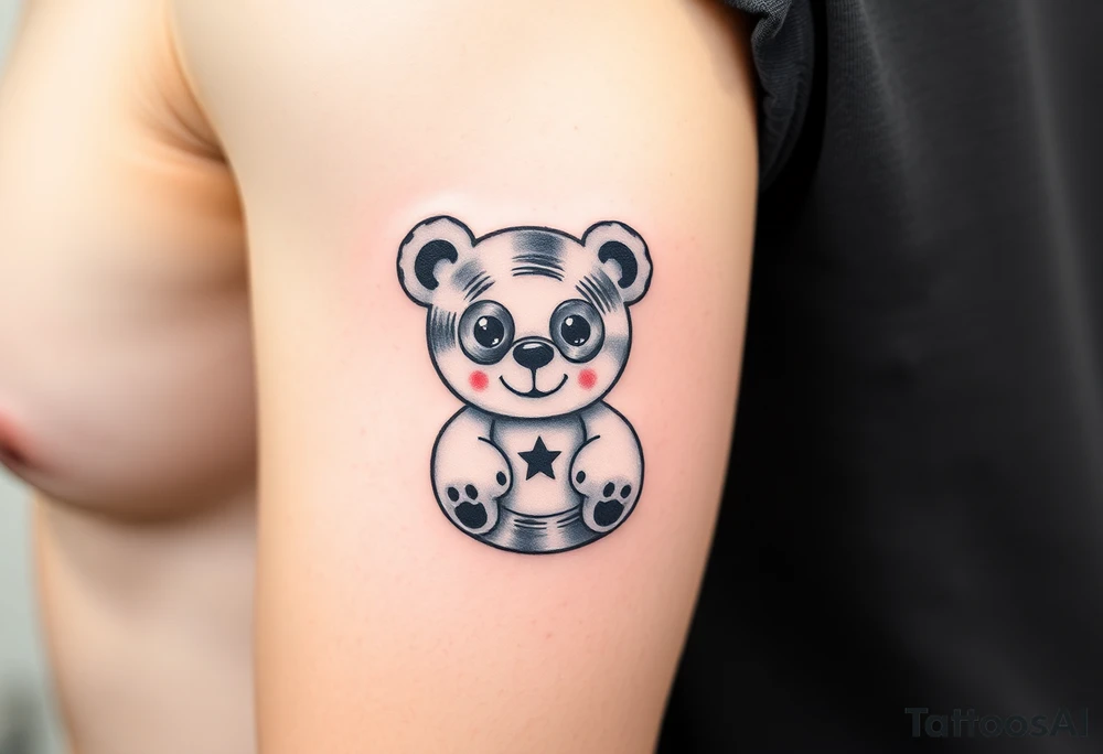 minimalist teddy bear with vinyl records as eyes smiling and sitting on a record tattoo idea