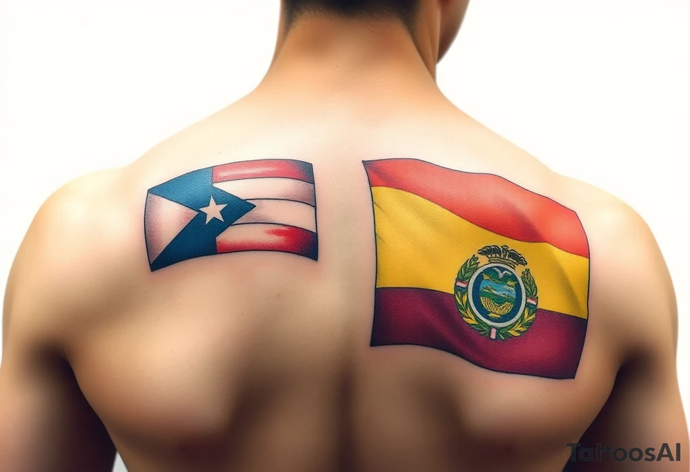 he representative elements of Puerto Rico and Ecuador, highlighting their flags, colors, and cultural symbols in a fluid and harmonious style. tattoo idea