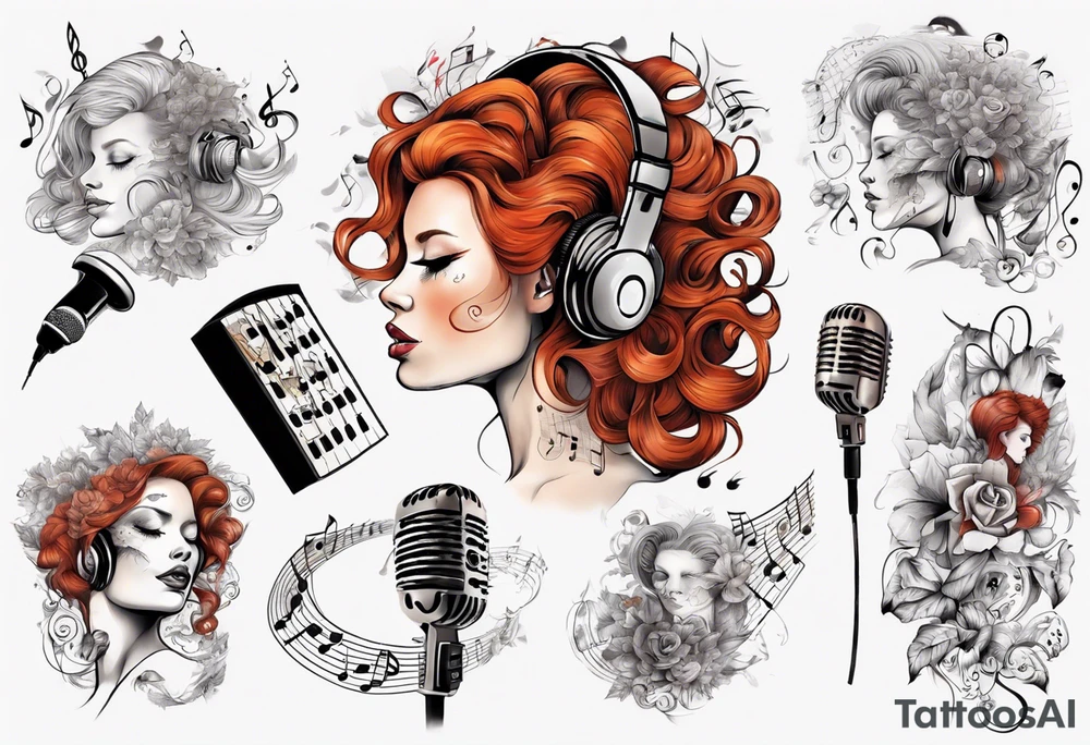 Redhead woman with Music score as her hair and a microphone tattoo idea