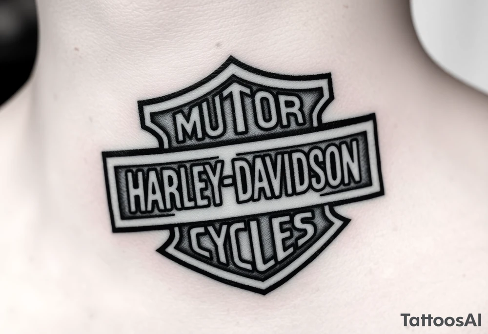 "rip Logan a rustan" in colligraphy font  inside of hollow Harley davidson sign tattoo idea