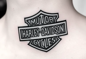 "rip Logan a rustan" in colligraphy font  inside of hollow Harley davidson sign tattoo idea