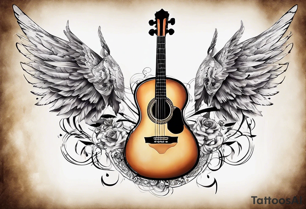 CROSSEED ACOUSTIC GUITAR AND VIOLIN WITH WINGS tattoo idea
