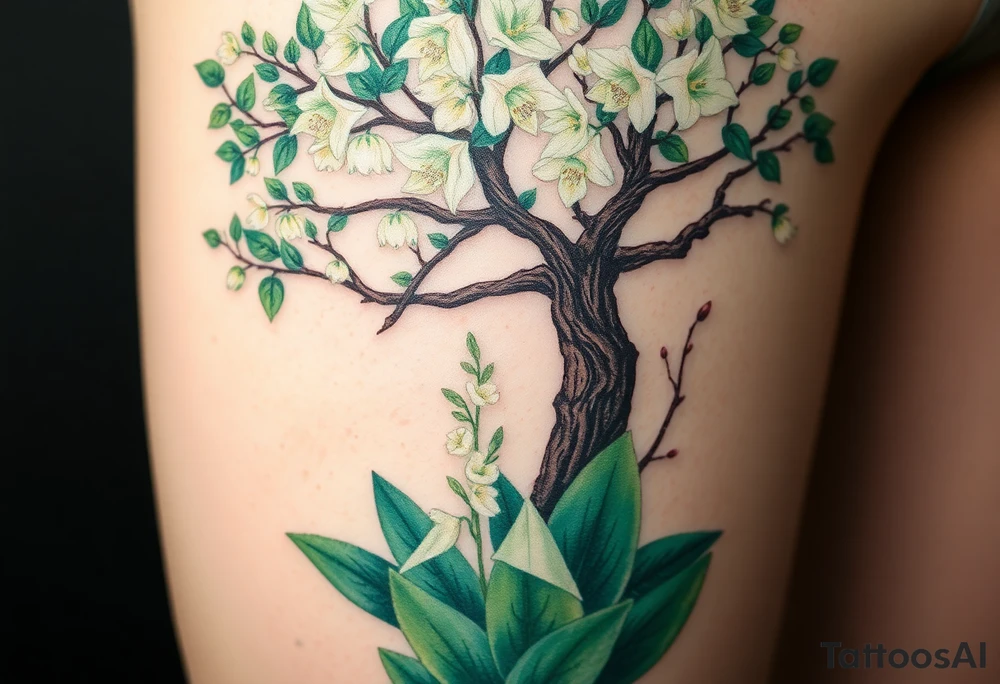 Lilly of the vally plants underneath a blooming hawthorn tree tattoo idea
