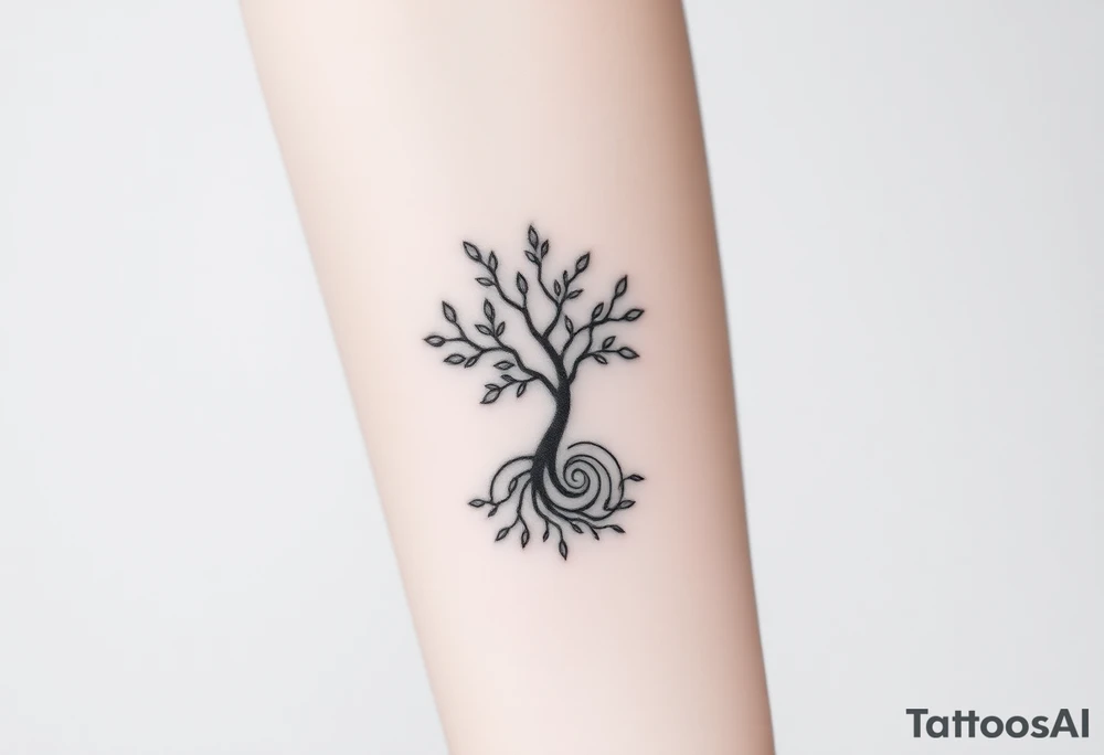 A tree with few leaves, with an outward  spiral as its roots, encircling the entire tree tattoo idea