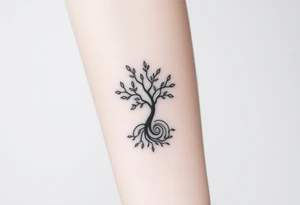 A tree with few leaves, with an outward  spiral as its roots, encircling the entire tree tattoo idea
