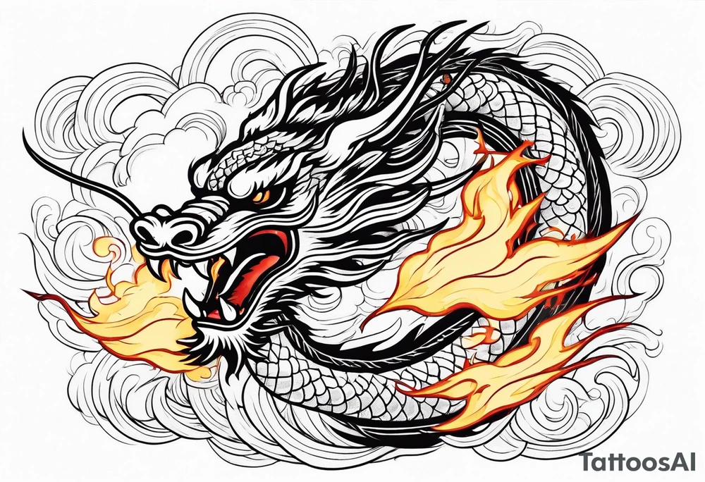 chinese dragon blowing fire while flying through a thunderstorm tattoo idea