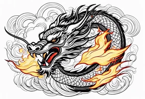 chinese dragon blowing fire while flying through a thunderstorm tattoo idea