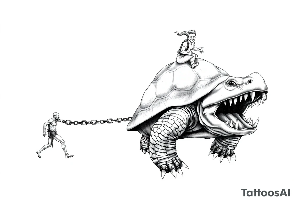 A giant walking 2 slaves on a chain leashan angry turtle with goat horns and huge teeth with a little man riding on his back tattoo idea