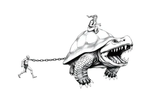 A giant walking 2 slaves on a chain leashan angry turtle with goat horns and huge teeth with a little man riding on his back tattoo idea