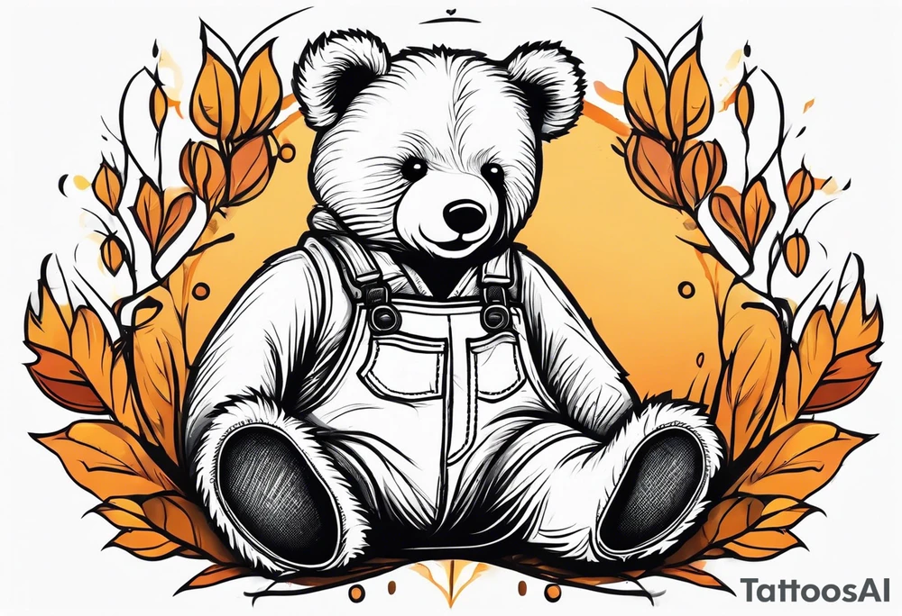 the back of a standing teddy bear in overalls tattoo idea