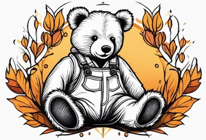 the back of a standing teddy bear in overalls tattoo idea
