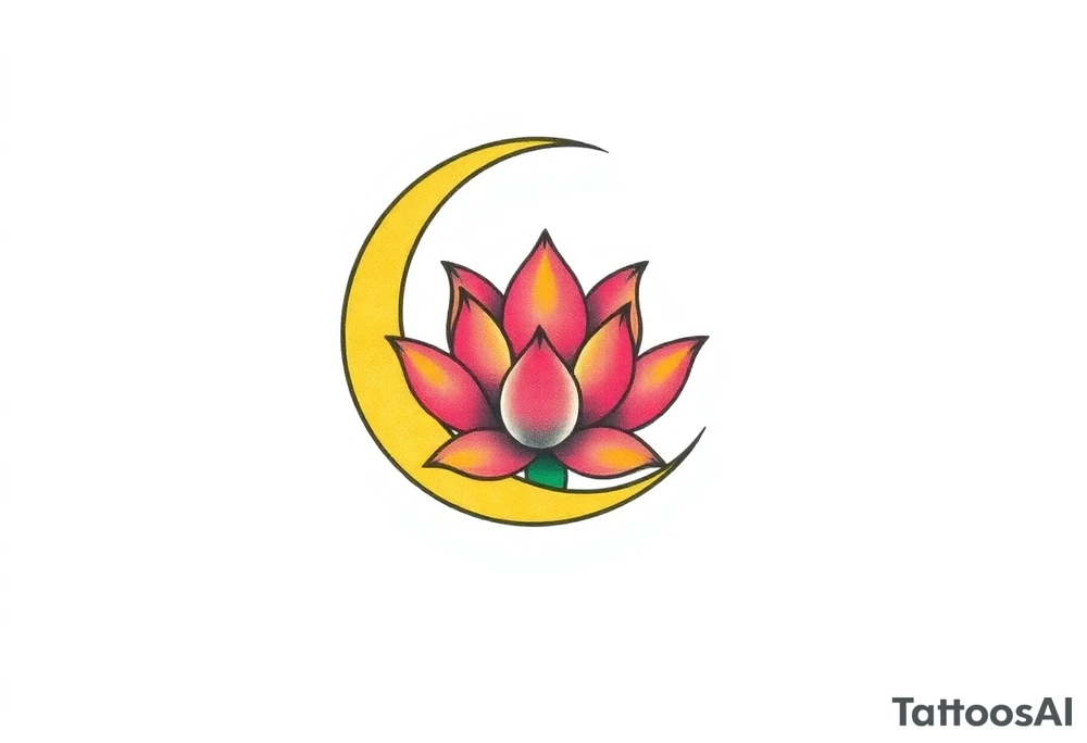 small colorful crescent moon with lotus flower tattoo idea