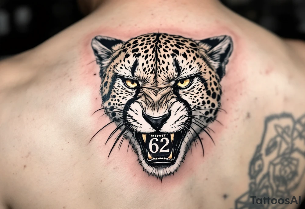 angry cheetah with the number 62 in its mouth tattoo idea