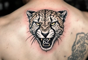 angry cheetah with the number 62 in its mouth tattoo idea