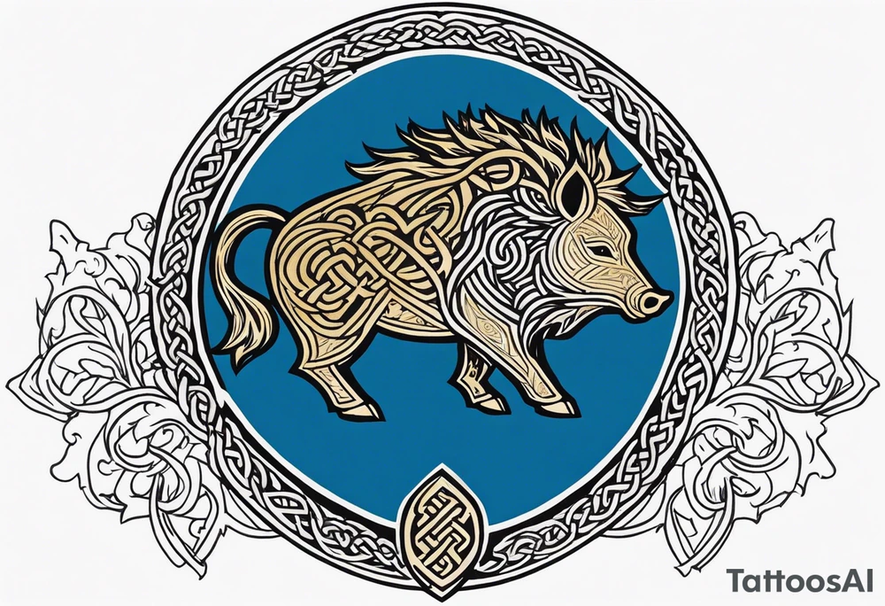 Side profile, Celtic, tribal, wild boar, On a Chatwin family crest with blue background, two gold stars, and a gold Chevron, and a Thistle tattoo idea