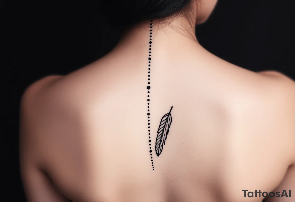Thin spinal tattoo following down the spine in a native style with multiple different lengths flowing lines made of a discreet connection of morse code ".--- .- --.     .-.. ... -.- .- .-.   -.. .. --.     .-.. .. .-.. .-.. . -... .-. --- .-. connected to flowing feathers tattoo idea