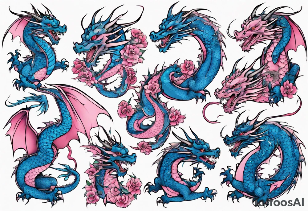 blue pink dragons tattoo idea