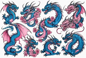 blue pink dragons tattoo idea