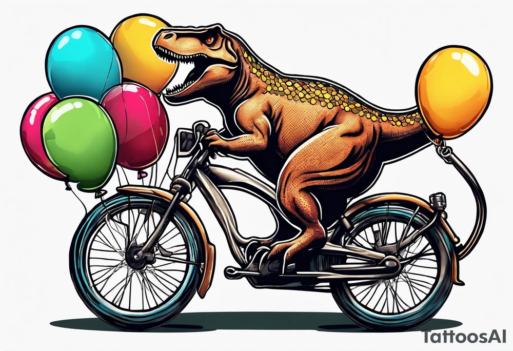 Trex riding a bicycle holding balloons tattoo idea