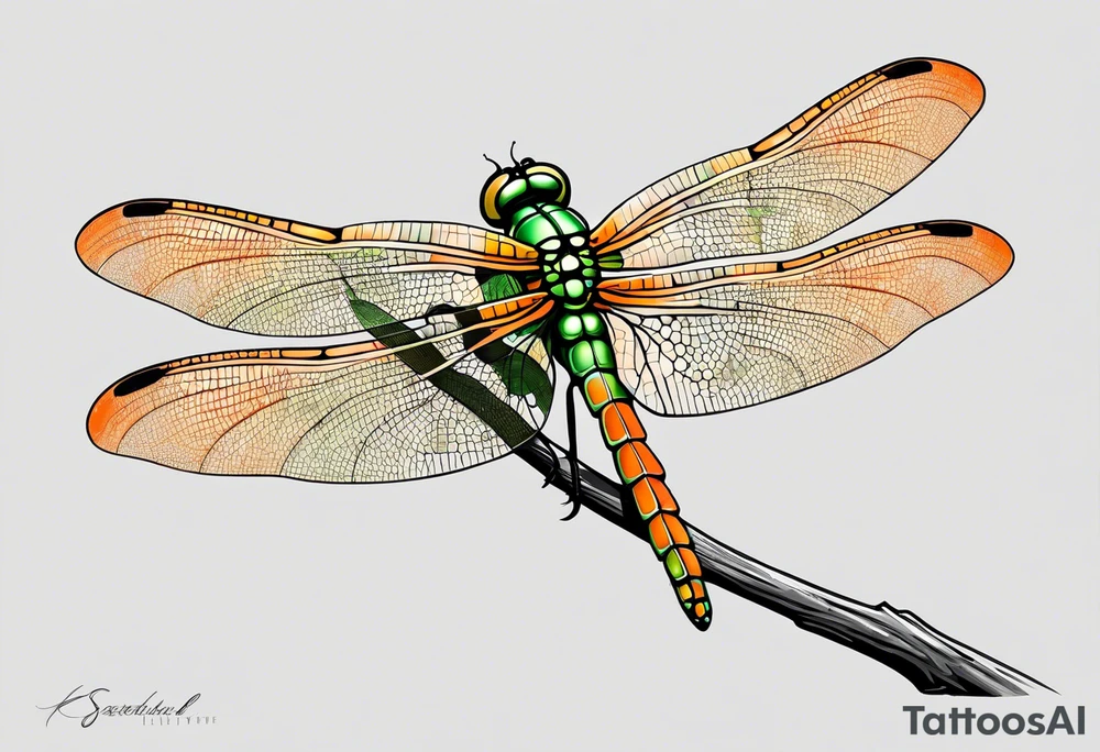 green and orange dragonfly on a twig tattoo idea