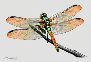 green and orange dragonfly on a twig tattoo idea
