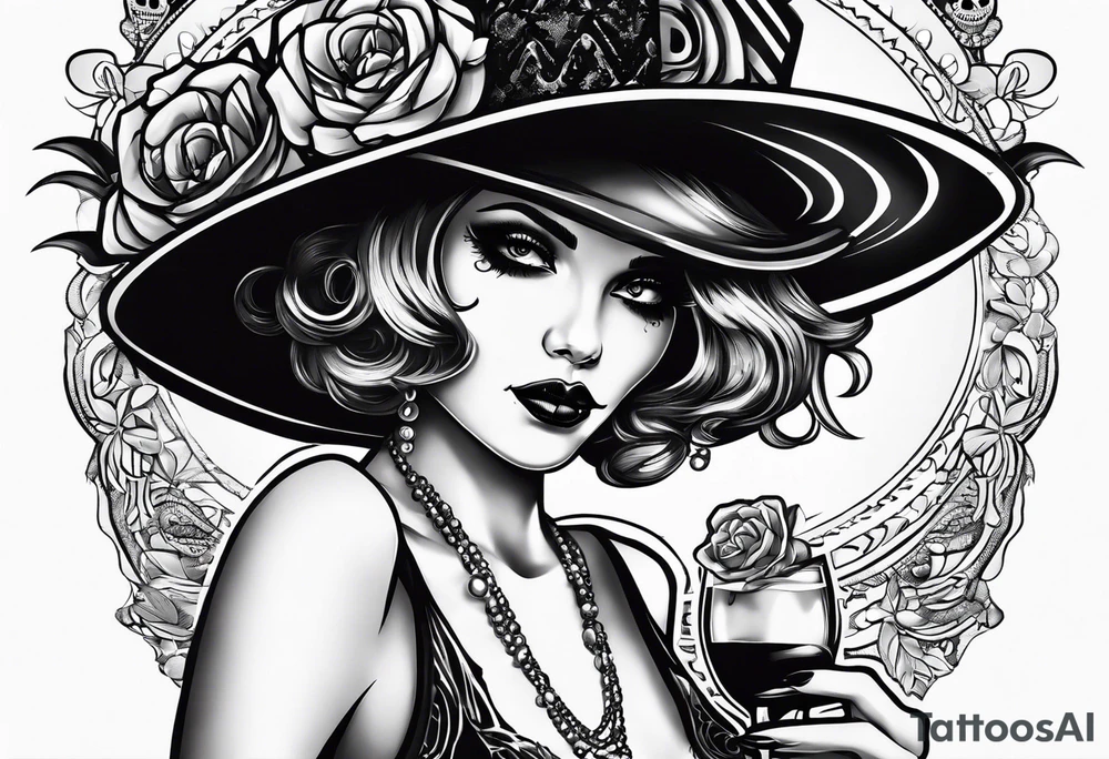 Flapper with sugar skull make up sipping a drink tattoo idea