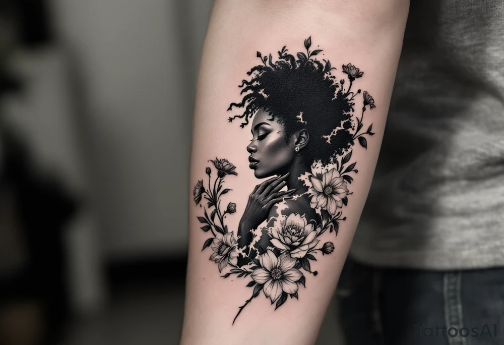 Broken black woman pieced back together surrounded by flowers tattoo idea